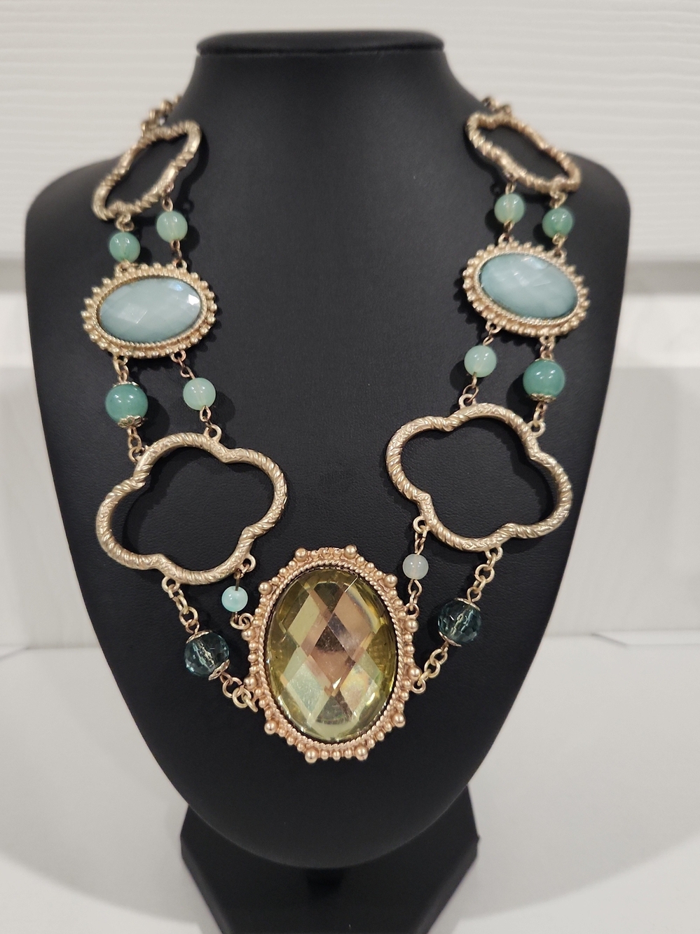 Vintage Gold Toned Statement Necklace Aqua Blue Yellow Crystal Bib Fashion